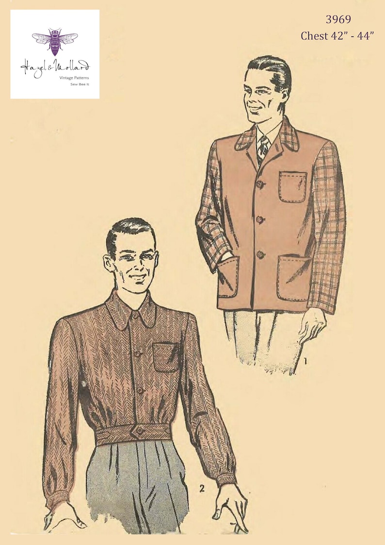 1940s Sewing Patterns – Dresses, Overalls, Lingerie etc PDF - Vintage 1940s Sewing Pattern: Mens Sports Coat & Battle Jacket - Chest 42” (107cm) - 44” (112cm) - Print Instantly at Home $11.82 AT vintagedancer.com