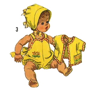 May include: A yellow baby doll outfit with a matching hat and a separate yellow cardigan. The outfit has a floral design and the cardigan has a red and white trim.