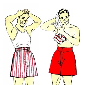 以下が含まれることがあります： 異なるスタイルのショートパンツを履いた男性のイラストが2つあります。左側の男性は白いタンクトップと赤と白のストライプのショートパンツを履いています。右側の男性はボタンフライの赤いショートパンツを履いています。