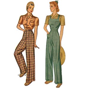 PDF - 1940's Sewing Pattern: Land Girl High Waist Slacks & Overalls - Bust 38" (97cm) - Download
