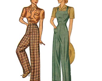 PDF - Naaipatroon jaren 40: landmeisje pantalon en overall met hoge taille - borst: 97 cm (38") - downloaden