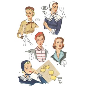 May include: A vintage illustration showing five different ways to wear a lace collar. The illustration features five women wearing different outfits and hats, each with a different style of lace collar. The illustration also includes several close-up views of the collars.