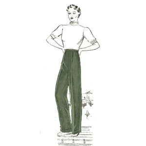 May include: A woman wearing a white turtleneck sweater and green high-waisted trousers. The trousers have a centre crease and are wide-legged.