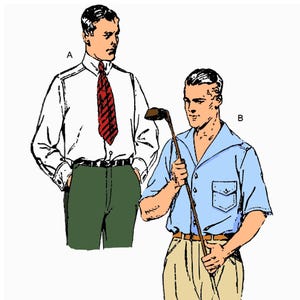 PDF - 1940er Jahre Herren Sporthemd Schnittmuster: Lange & kurze Ärmel, Brustumfang 97 cm - Download