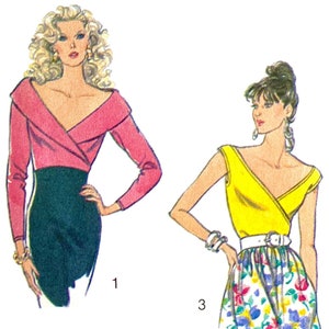 May include: Two illustrations of women wearing different versions of a wrap top. The first woman is wearing a pink long-sleeved top with a black skirt. The second woman is wearing a yellow sleeveless top with a floral skirt. Both tops have a V-neckline and a wrap design.