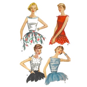 Può includere: Quattro illustrazioni di donne che indossano top senza maniche con scollature e motivi diversi. I top sono abbinati a gonne di vari colori e motivi. Le illustrazioni sono numerate da 1 a 4.