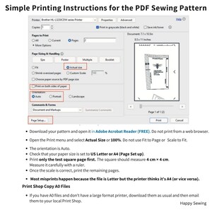 A digital graphic with a screenshot of a PDF sewing pattern printer dialog box and printed instructions on a white background with a dark header reading 'Simple Printing Instructions for the PDF Sewing Pattern.'.