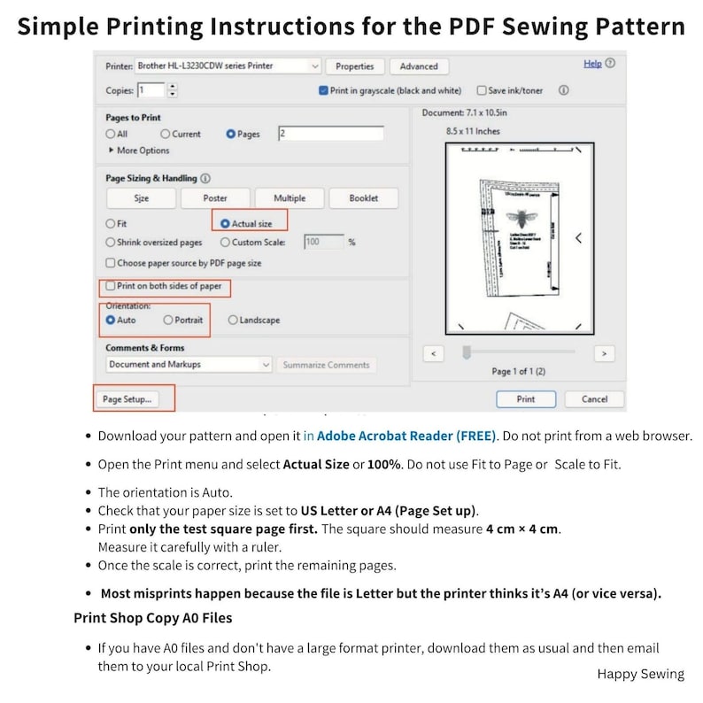 A digital graphic with a screenshot of a PDF sewing pattern printer dialog box and printed instructions on a white background with a dark header reading 'Simple Printing Instructions for the PDF Sewing Pattern.'.