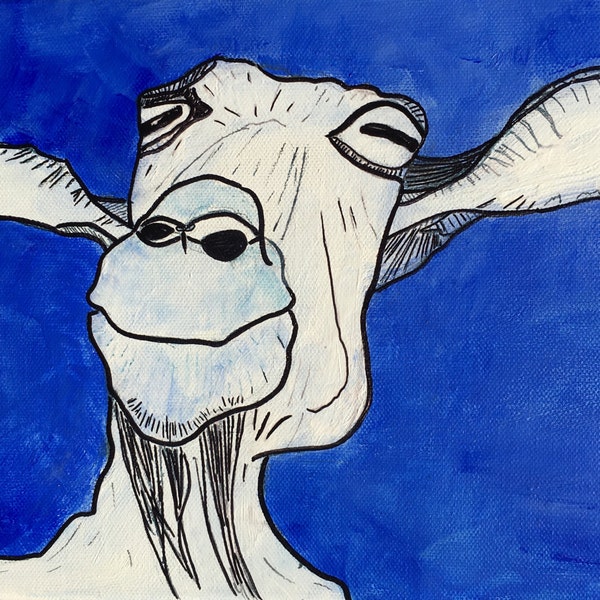 Pet Selfie Blue Goat Painting, Original Acrylic Painting, gift for animal lover