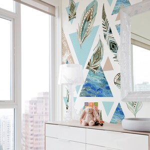 Boho Feathers, Removable Wallpaper Blue, Abstract Pattern, Baby Bedroom Wall Mural, Peel and Stick, Watercolor Nursery Wallpaper, #64