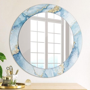 Miroir avec impression bleu clair, marbre bleu avec or, miroir décoratif, miroir de salle de bain, miroir rond artistique, fait main, miroirs biseautés
