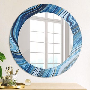 Miroir à imprimé bleu, marbré bleu, décoration murale, miroir de chambre à coucher, miroirs ronds rustiques, fait main