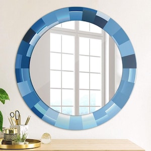 Miroir à imprimé bleu, abstrait bleu, miroir décoratif, miroir de salle de bain, miroir rond artistique, fait main
