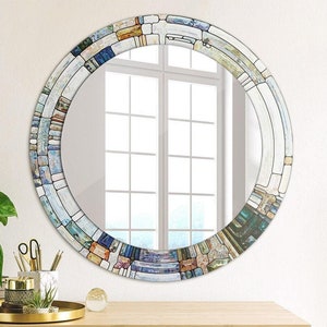 Mirror with Print Colorful, Abstract Stained Glass, Bedroom Mirror, Designer Round Mirror, Handicraft, Art Mirror, Wall Art