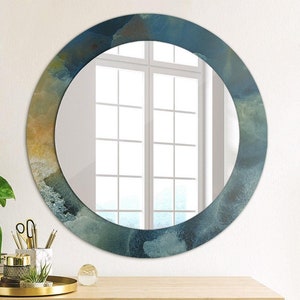 Miroir avec impression bleu, marbre onyx, miroir décoratif, miroir de salle de bain, miroir rond artistique, artisanat, miroir d&#39;art, art mural