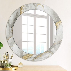 Mirror with Print White, White Marble Gold, Wall Mirror, Art Deco Mirror, Modern Design Round Mirror, Original Handmade Mirror