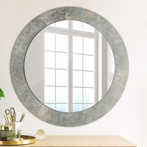 Mirror with Print Gray, Retro Concrete, Decorative Mirror, Bathroom Mirror, Artistic Circle Mirror, Handicraft, Art Mirror, Wall Art