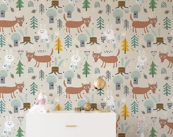 Cute Forest Animals, Removable Wallpaper Green and Brown, Cartoon Pattern, Kids Bedroom Wall Mural, Peel and Stick, #12L