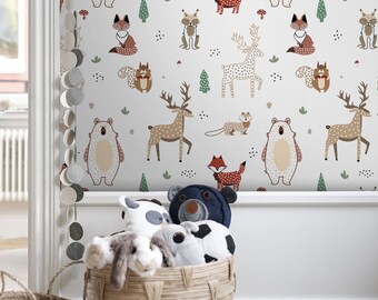 Deer Fox And Squirrel, Removable Wallpaper White, Animal Pattern, Kids Room Wall Mural, Peel and Stick, Baby Boy Wallpaper, #19L