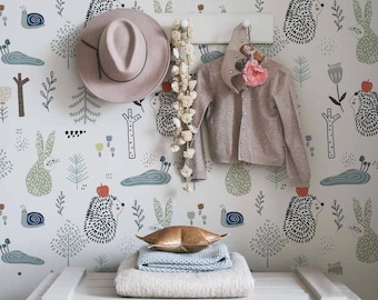 Hedgehog And Rabbit, Removable Wallpaper Gray, Animal Pattern, Kids Room Wall Mural, Peel and Stick, Baby Boy Wallpaper, #13L
