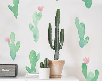 Cute Cacti, Vinyl Set, Watercolor Wall Stickers, Life Size Decals, Floral Vinyl Decal, Illustrated Flowers Sticker Set, Floral Pink, #4V