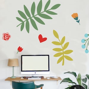 Plantas de dibujos animados, juego de vinilos, pegatinas de pared de acuarela, calcomanías de tamaño real, calcomanías de vinilo florales, juego de calcomanías de flores ilustradas, floral rosa, n.° 1V