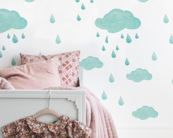 Pastel Rain, Removable Wallpaper Blue, Nature Pattern, Baby Bedroom Wall Mural, Peel and Stick, Watercolor Nursery Wallpaper, #130