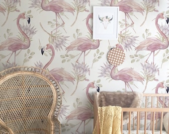 Entfernbare Tapete mit Blumen, Rosa Flamingo, Kinderzimmer Tapete, Schälen und Stick, Blumenmuster, #28