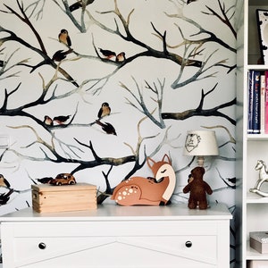 Sparrows, Removable Wallpaper Black, Animal Pattern, Kids Room Wall Mural, Peel and Stick, Baby Girl Wallpaper, #135