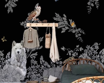 Dark Forest, Removable Wallpaper Black, Animal Pattern, Floral Wall Mural, Peel and Stick, Baby Boy Wallpaper, #143