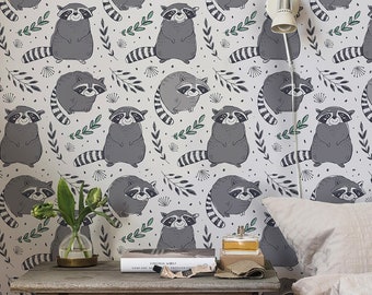 The Raccoon Family, Removable Wallpaper Gray, Animal Pattern, Kids Room Wall Mural, Peel and Stick, Baby Boy Wallpaper, #20L