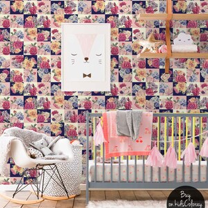 Retro Roses, Colorful Removable Wallpaper, Flowers Pattern, Kids Room Wall Decor, Peel and Stick, Floral Nursery Wallpaper, #165