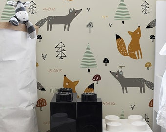 Family of Foxes, Removable Wallpaper Green, Animal Pattern, Kids Room Wall Mural, Peel and Stick, Baby Boy Wallpaper, #14L