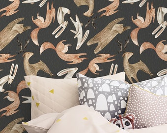 Dancing Animals, Removable Wallpaper Black, Animal Pattern, Kids Room Wall Mural, Peel and Stick, Baby Girl Wallpaper, #05L