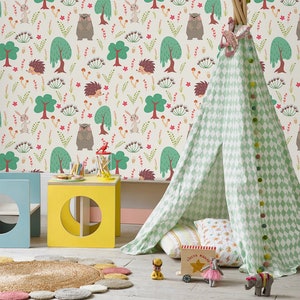 Bear With Friends, Temporary Wallpaper, Removable Wall Art, Peel And Stick Material, Baby Shower Gift, Kids Room Wall Mural, Green #03L