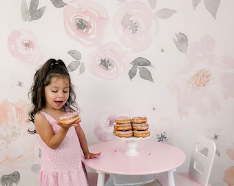 Retro Flowers, Removable Wallpaper Pastel Pink, Floral Pattern, Kids Room Wall Mural, Peek and Stick, Baby Girl Wallpaper, #65