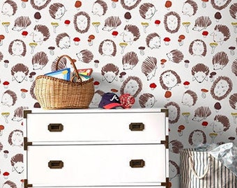 Little Hedgehogs, Removable Wallpaper Brown, Animal Pattern, Nursery Wall Mural, Peel and Stick, Baby Boy Wallpaper, #15L
