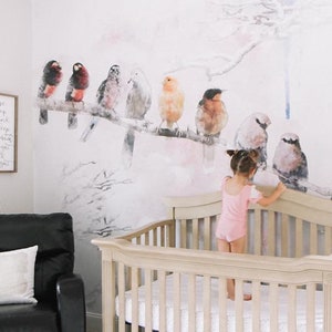 Watercolor Birds Wall Mural, Removable Wallpaper White, Kids Room Wall Mural, Peel and Stick, Baby Girl Wallpaper, #10