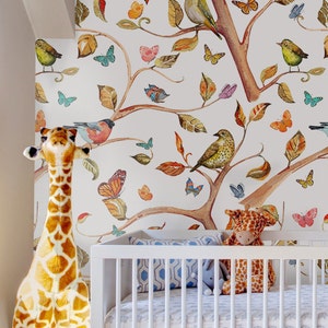 Birds on a Tree, Removable Wallpaper Rainbow, Animal Pattern, Kids Room Wall Mural, Peel and Stick, Baby Girl Wallpaper, #37