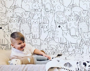 Doodle Cats Pattern, Removable Wallpaper White, Animal Pattern, Nursery Wall Mural, Peel and Stick, Baby Boy Wallpaper, #89