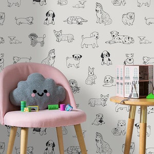 Cute Doggie, Kids Wallpaper, Black And White Nursery Wall Art, Great For Coloring, Temporary Sticker, Modern Wall Art, Lovely Puppies #159