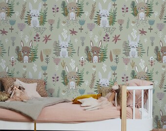 Colorful Forest With Rabbit, Removable Wallpaper, Reusable Sticker, Cute Animals, Kids Room Decoration, Temporary Sticker, Gray, Brown #18L