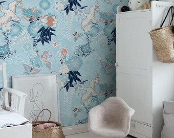 Chinoiserie Kranich, Wandbild Kinderzimmer, Kinderzimmer Tapete, Schälen und aufkleben, Baby Tapete, #113