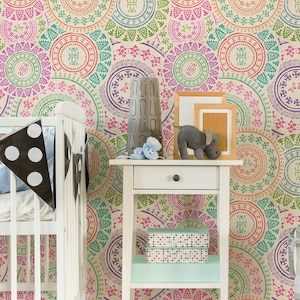 Aztec Circles, Removable Wallpaper Colorful, Geometric Pattern, Baby Bedroom Wall Mural, Peel and Stick, Boho Nursery Wallpaper, #53