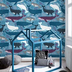 Sea Life, Blue Removable Wallpaper, Animal Pattern, Kids Room Wall Decor, Peel and Stick, Floral Nursery Wallpaper, #166