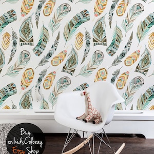 Boho Feathers, Removable Wallpaper Green, Animal Pattern, Baby Bedroom Wall Mural, Peel and Stick, Boho Nursery Wallpaper, #51