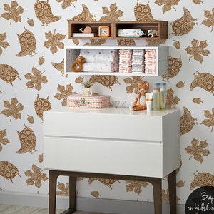 Autumn Owls, Removable Wallpaper Brown, Animal Pattern, Kids Room Wall Mural, Peel and Stick, Baby Girl Wallpaper, #98