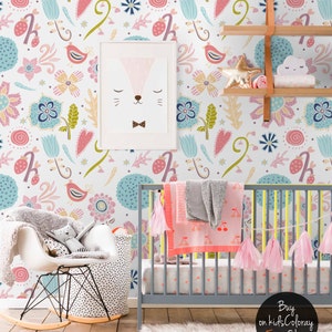 Flores y pájaros, papel tapiz extraíble rosa, patrón floral abstracto, mural de pared para habitación de niños, despegar y pegar, papel tapiz para niña, n.° 31