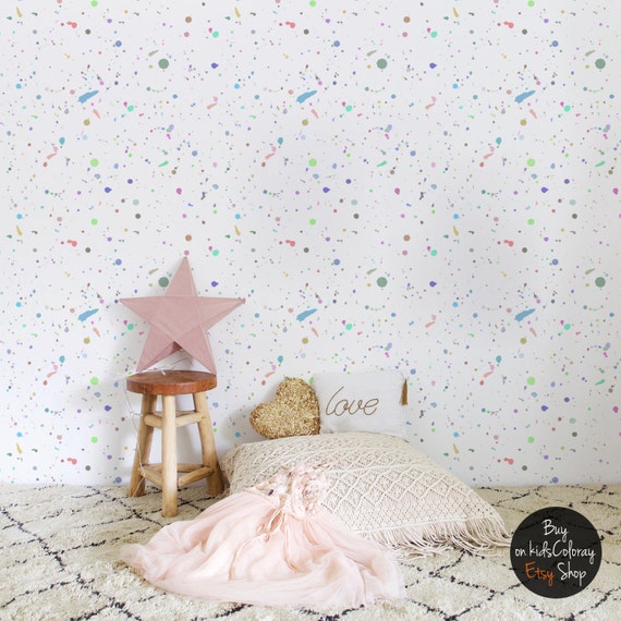 paint splatter wallpaper, colorful wall mural for kids room, pale colors,  self adhesive, reusable, removable wall decal #107