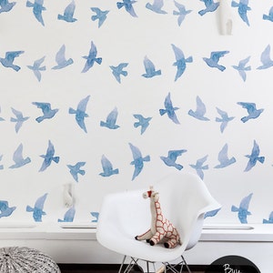 Fliegende Schwalben, abnehmbare Tapete Blau, Abstraktes Muster, Kinderzimmer Wandbild, Schälen und Aufkleben, Babyzimmer, #59